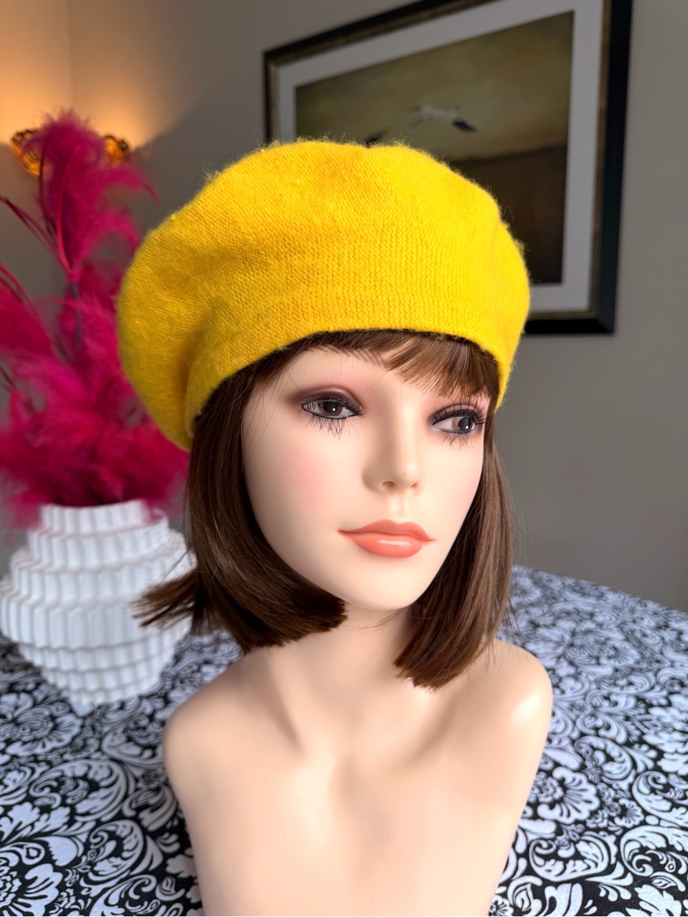 Bright Yellow Knit Beret Hat French Parisian Style